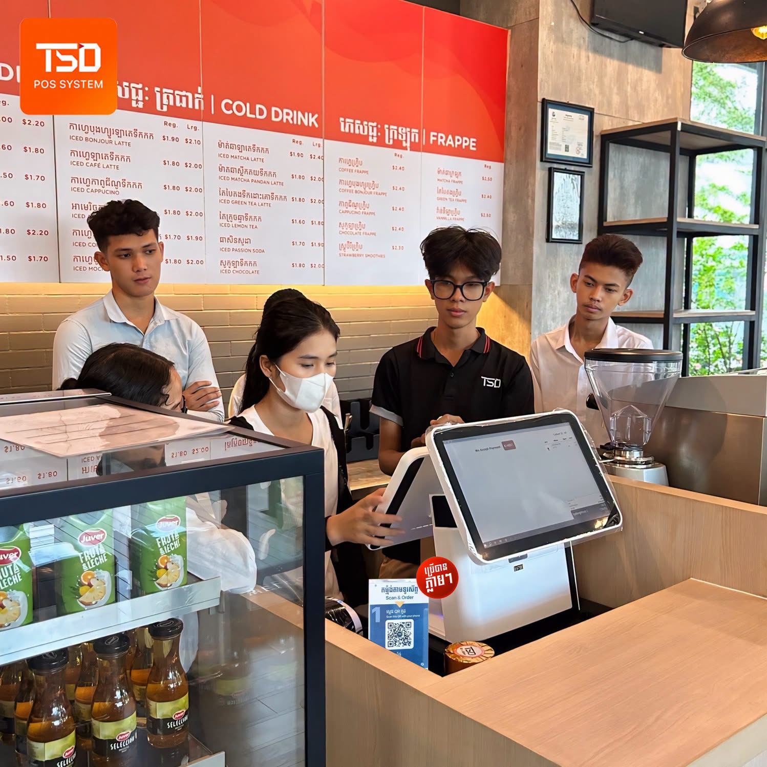 KHQR POS Cambodia — ទូទាត់ ABA & KHQR ផ្ទាល់ពីម៉ាស៊ីនគិតលុយ 11 KHQR POS Cambodia — cafe counter training with TSD POS